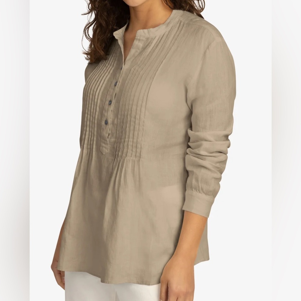 Lane Bryant Tan Linen Cotton Blend Blouse with Pintuck Pleats Cream Tunic